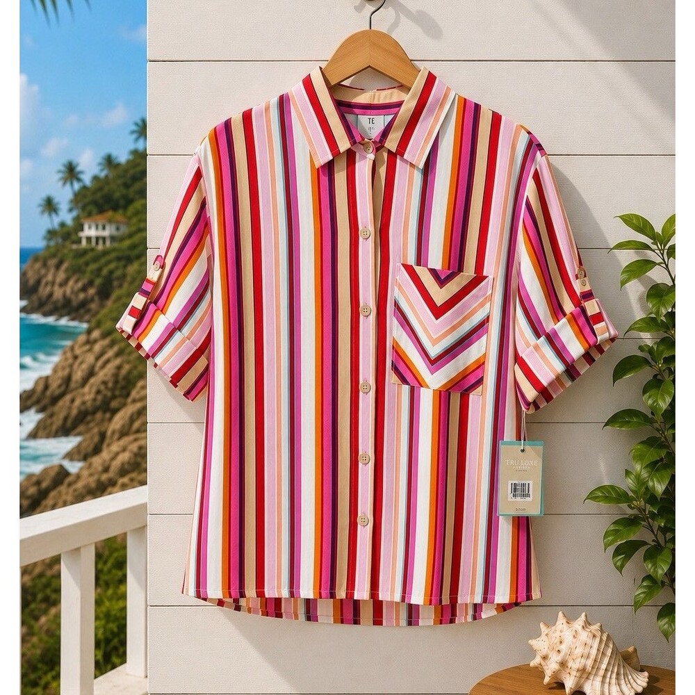 Tru Luxe Jeans Striped Woven Collared Button-Up Blouse Short Sleeve XS Multi NWT